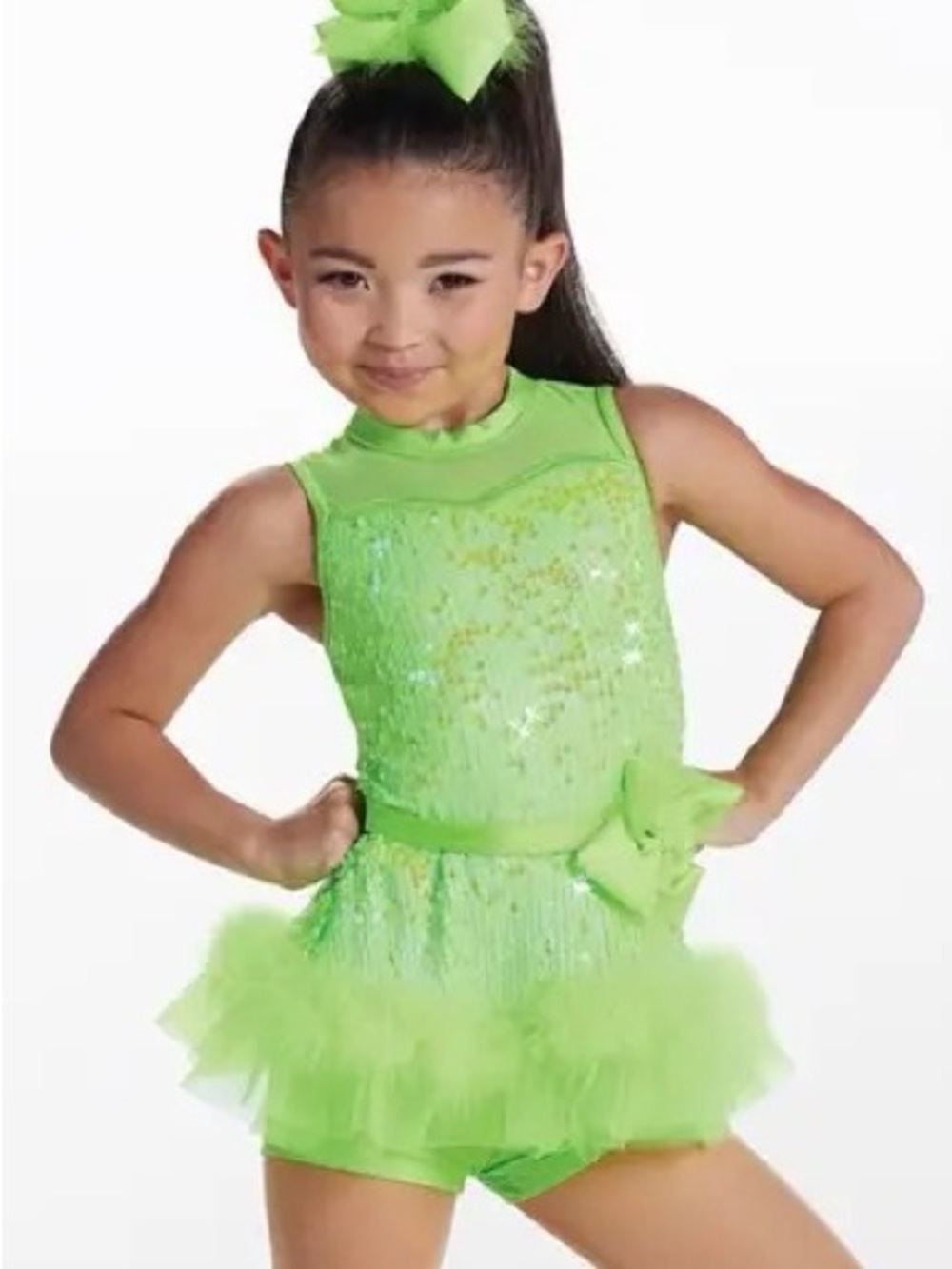 Weissman Neon Green Sequin Tutu Dance Outfit with Bow
